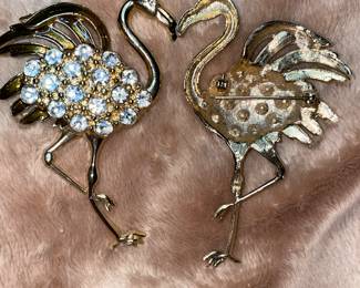 Vintage Rare Flamingo Broaches Citrine Green & Topaz with Clear Rhinestones  $60 Pair