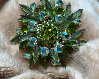 Vintage Julliana DeLizza & Elster Shades of Green Navette & Aurora Borealis Broach  $128