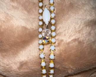Vintage Milk Glass Bracelet Molded Glass Center Aurora Borealis Rhinestones Gold Tone (As Is)  $22