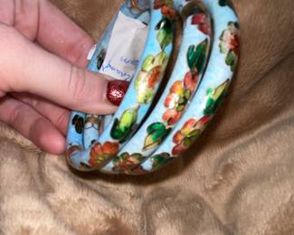 Vintage Vignette Cloisonne' Hinged Enamel Bangle Blossom Designed Bracelets 1960's/1970's   $225