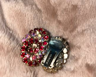 Vintage Signed Kramer Clip On Earrings Red & Aurora Borealis Rhinestones  $48