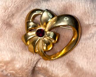 Vintage Avon Gold Tone & Red Rhinestone Heart & Bow Broach  $22