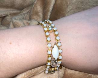 Vintage Milk Glass Bracelet Molded Glass Center Aurora Borealis Rhinestones Gold Tone (As Is)  $22