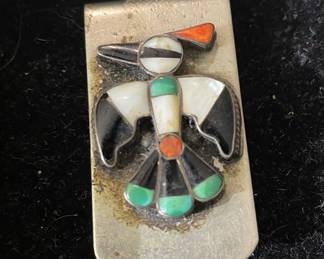 Vintage 1940's Zuni Inlay Turquoise & Jet Multi Stone & Silver Thunderbird Money Clip   $134