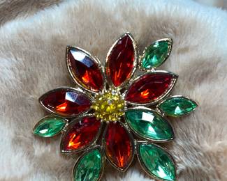Poinsettia Flower Red & Green Broach Pin Gold Tone Holiday Christmas  $44