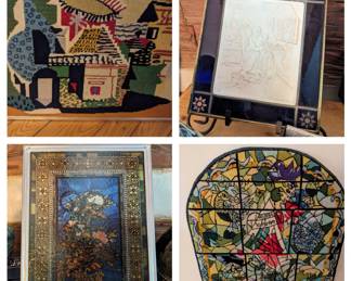 Picasso needlepoint, antique cobalt lithoplane, Boston Museum of Fine Arts John La Farge Peonies in the Wind stained glass