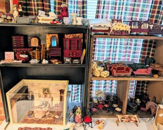 Vintage miniature dollhouse furniture and building supplies 
