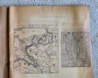 1940s World War II scrapbook, news clippings, pictures