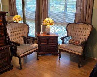 Antique chairs, vintage nightstand, Tiffany style lamp