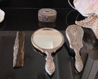 Vintage ornate vanity mirror and brush set