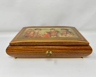 84 VintageReugeSwissAsianInspiredCarvedWoodMusicalBox