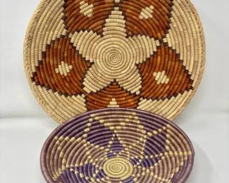 36 2HandwovenCoiledBasketTraysTribalStarGeometricMotifs