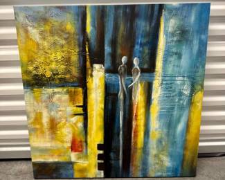 62 AbstractPaintingonCanvaswTexturedBlueYellowSilhouettes