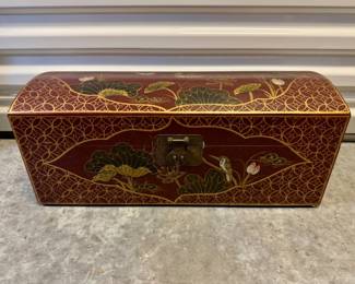 95 VintageChineseRedWoodenMoneyBoxMetalHandlesHingedTop