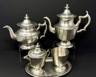 104 WoodburyPewterTeaSetTrayTeapotsSugarCreamer