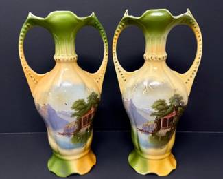 44 VintageDaniloGreenDoubleHandledVasesHandPaintedGermany