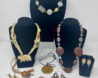 13 StoneBoneJewelryLotHandCarvedPendantTribalDesignMore