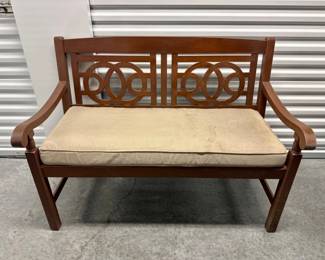 103 WoodOutdoorBenchwCushionCutoutBackCurvedArmrests
