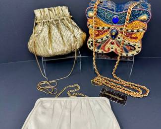 102 EveningBagLotMaryFrancesHLLeatherClutchGoldDrawstring
