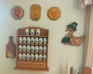 Spice jar collection and painted wood plaques