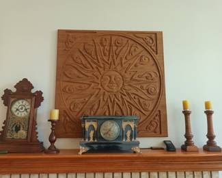 Large wood plaque and clocks