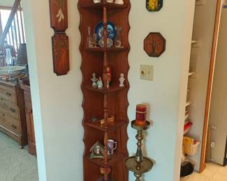Corner shelf, brass candle stick and knicknacks