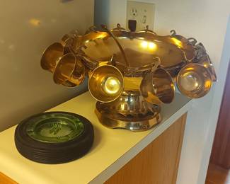 Brass punchbowl set and ashtray