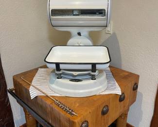 Large vintage scale and vintage butcher block