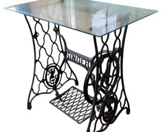 144 - Glass Top Iron Sewing Base Table 28 x 30 x 18