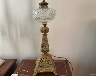 C65 - $25. Brass & Glass Table Lamp - needs repair / glue. Measures 36" tall assembled to top of harp.