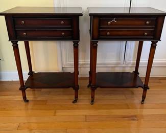C3 - $75 PAIR of Bombay side tables with drawers. Measures 17.75" wide x 12" deep x 25" tall.