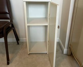 C105 - $10. White Wooden Homemade Storage Cabinet. Measures 12" square x 30.5" tall.