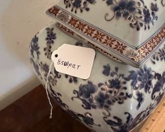 C97 - $35. Decorative Blue & White Ginger Jar. Measures 8.5" wide x 12" tall.