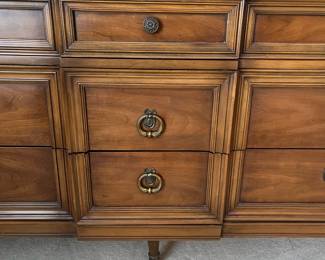 C30 - $175. Vintage Wooden Dresser. Measures 73.5" x 19" deep x 32.5" tall. Mirrors are 19.5" wide x 45" tall. All drawers slide. Very good vintage condition - just a few marks on the finish on the top.