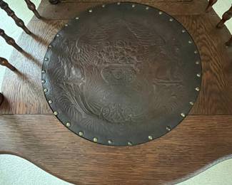 C13 - $50. Antique Rocker with Leather Seat. Outside of arms measures 24". Floor to top of back is 36". Seat is 20" wide x 16" deep x 18" floor to seat. Needs a bit of glue to hold a veneer piece on the back. Solid - great display piece!