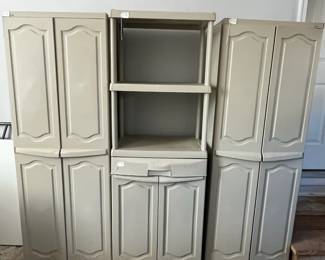 C141 - $50 each. 2 Tall Cabinets Available. $20. 1 Shelf Available. $30 each. 3 *1/2* Cabinets Available. (Keter Tall Cabinets Measures 25.5" wide x 17.75" deep x 69.5" tall) (Half Cabinets measures 25.5" wide x 17.75" deep x 35.5" tall. ) These have all been used inside in a garage. They have been used and are in good condition.