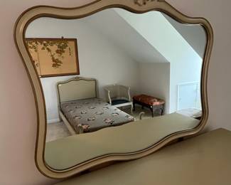 C9 - $150. Drexel Dresser with Mirror. Measures 63.5" x 22.5" deep x 34.5" tall. Mirror is 44.5" x 37". Minor crazing on the paint on the top.