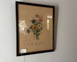 C60 - $30. JL Prevost Floral Print No. 3. Asters, Sunflower & White Mallow. Framed it measures 14" x 17".