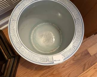 C94 - $35. Blue & White Ceramic Planter Pot. Measures 14" across x 11.5" tall.