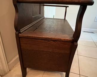 C2 - $275. Antique Oak Hall Tree. Bottom opens for storage. Hooks and mirror have been replaced at sometime. Otherwise - great antique condition. Measures 38" wide x 16" deep x 77" tall.