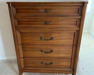 C11 - $100. Sherrill Furniture Co. Statesville, NC. Chest of Drawers. Measures 37" wide x 19" deep x 48" tall. A few minor scuffs & scratches but all drawers slide. Bottom drawer track is cracked so drawer sits at an odd angle - should be an easy fix! Good vintage condition!