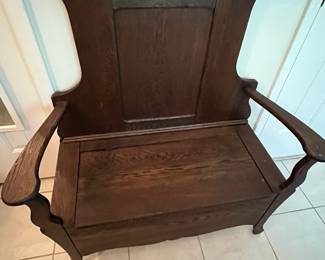 C2 - $275. Antique Oak Hall Tree. Bottom opens for storage. Hooks and mirror have been replaced at sometime. Otherwise - great antique condition. Measures 38" wide x 16" deep x 77" tall.