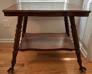 C1 - $175. Antique Oak Table with Glass Ball Feet. In very good antique condition. Sturdy. Measures 29.75" x 24" x 27.5" tall.