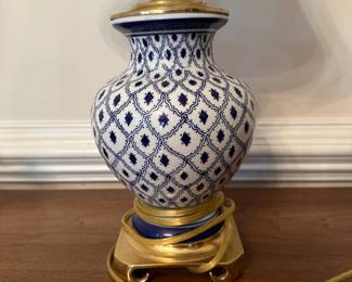 C46 - $30. Blue & White Table Lamp. Shade is in great condition. Measures 24.5" tall.