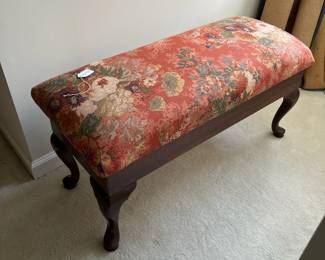 C108 - $20. Upholstered Storage Bench. One corner needs repair. Measures 37" wide x 14.5" deep x 17" tall.