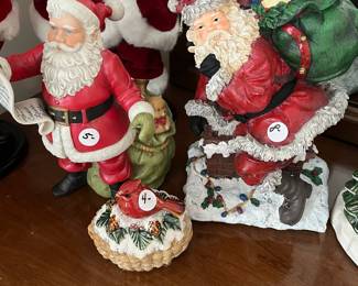 C27 - PENDING $5 Enesco Ceramic Santa 9.5" tall. $4 Cardinal Trinket Dish 4.5" tall. $8 Plastic Santa 11" tall.