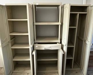 C141 - $50 each. 3 Tall Cabinets Available. $20. 1 Shelf Available. $30 each. 3 *1/2* Cabinets Available. (Keter Tall Cabinets Measures 25.5" wide x 17.75" deep x 69.5" tall) (Half Cabinets measures 25.5" wide x 17.75" deep x 35.5" tall. ) These have all been used inside in a garage. They have been used and are in good condition.