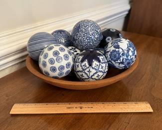 C36 - $30. Decorative wooden bowl with Blue & White Ceramic Balls.