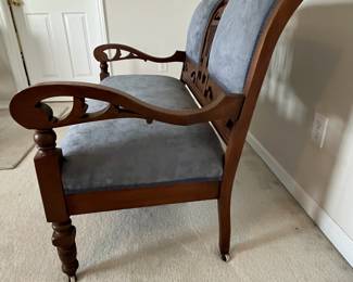 C31 - $150. Antique Upholstered Bench / Couch. Measures 47.5" wide x 16.5" deep x 33" tall. Sturdy and in very good condition! Ceramic Caster Feet.