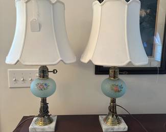 C87 - $65 PAIR of table lamps. Shades are in good condition. One has more wear from cleaning.